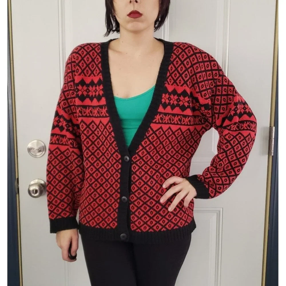 80s Red and Black Oversize Cardigan - Picture 1 of 4